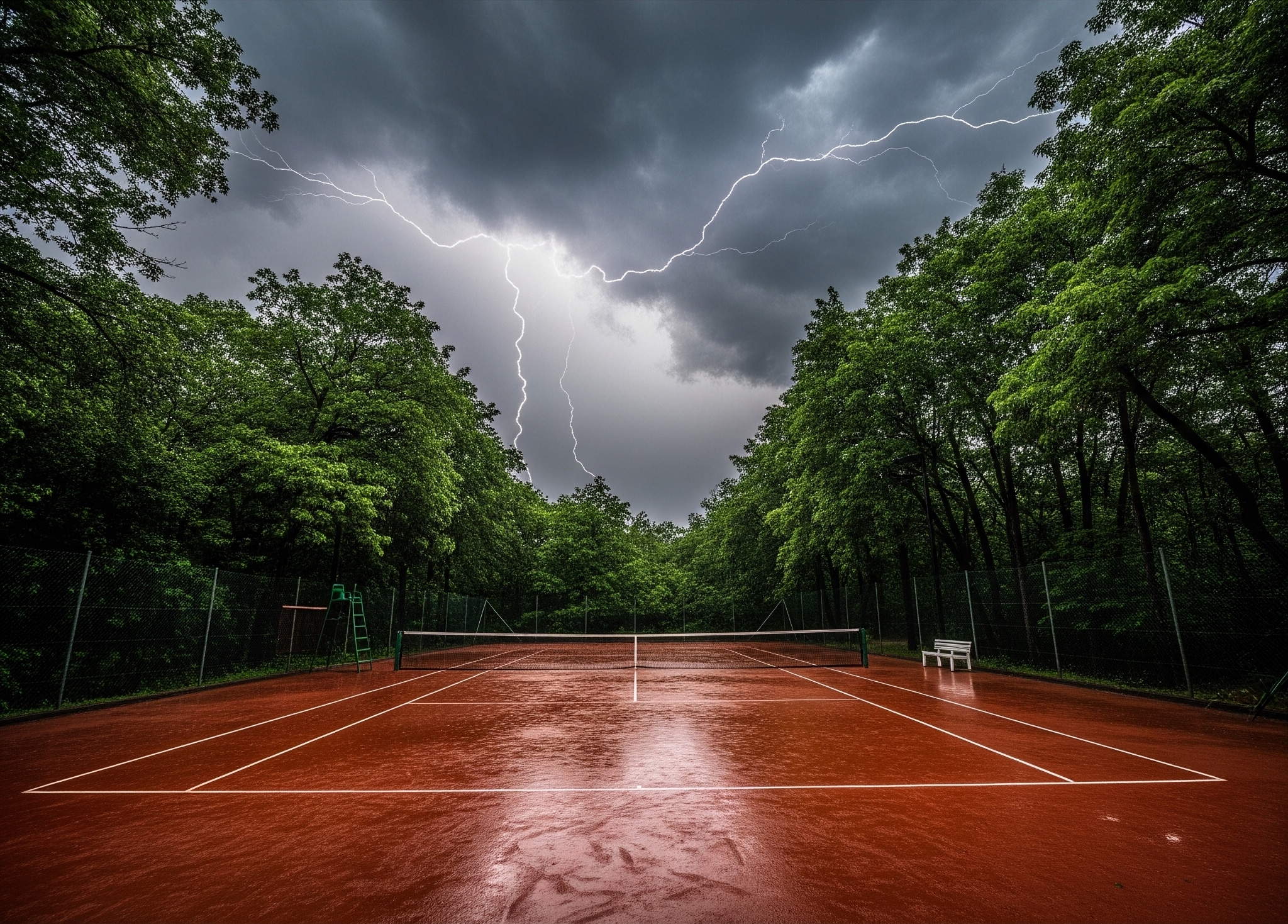 Clay tennis court in a thunderstorm